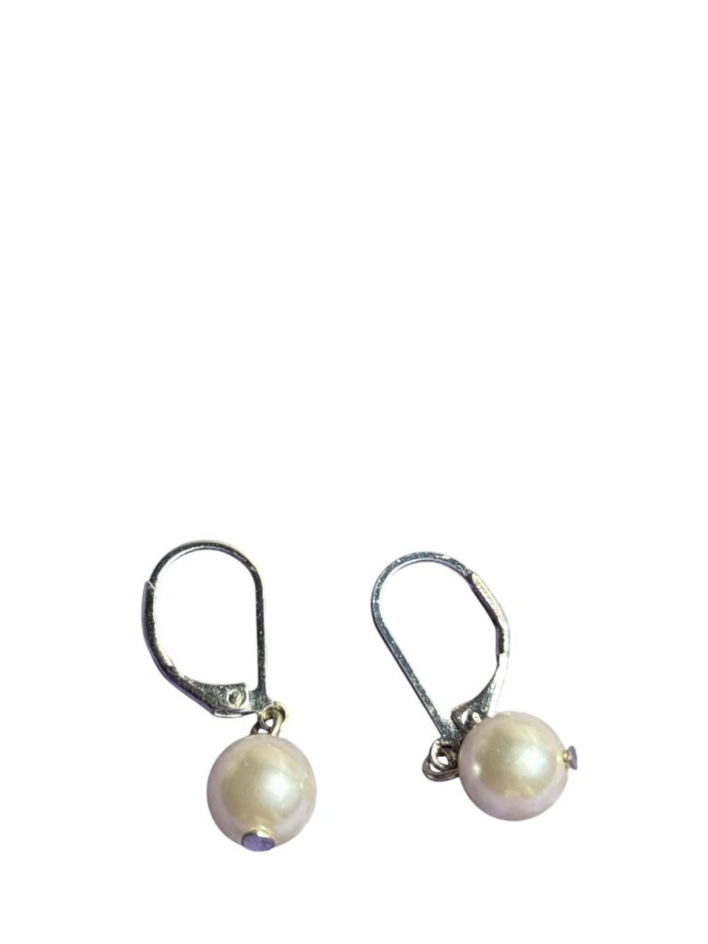 Plastic Faux Pearl Dangle Leverback Earrings Silvertone